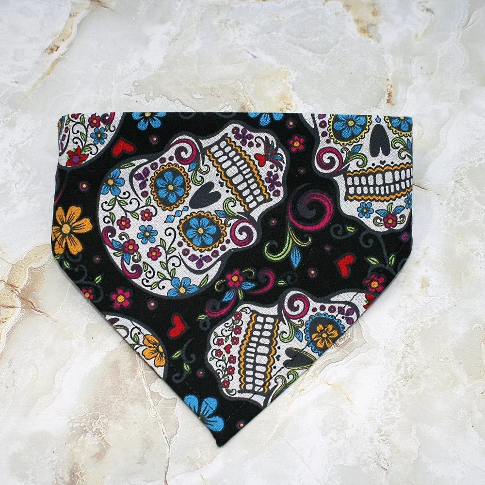 HAND CRAFTED Halloween Sugar Skulls Dog Cat Bandana Print Pet Scarf Accessory